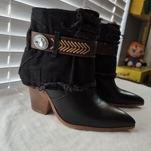 Cape Robbin Flory Gem Belt Decor Denim Fold Over Pointed Booties.